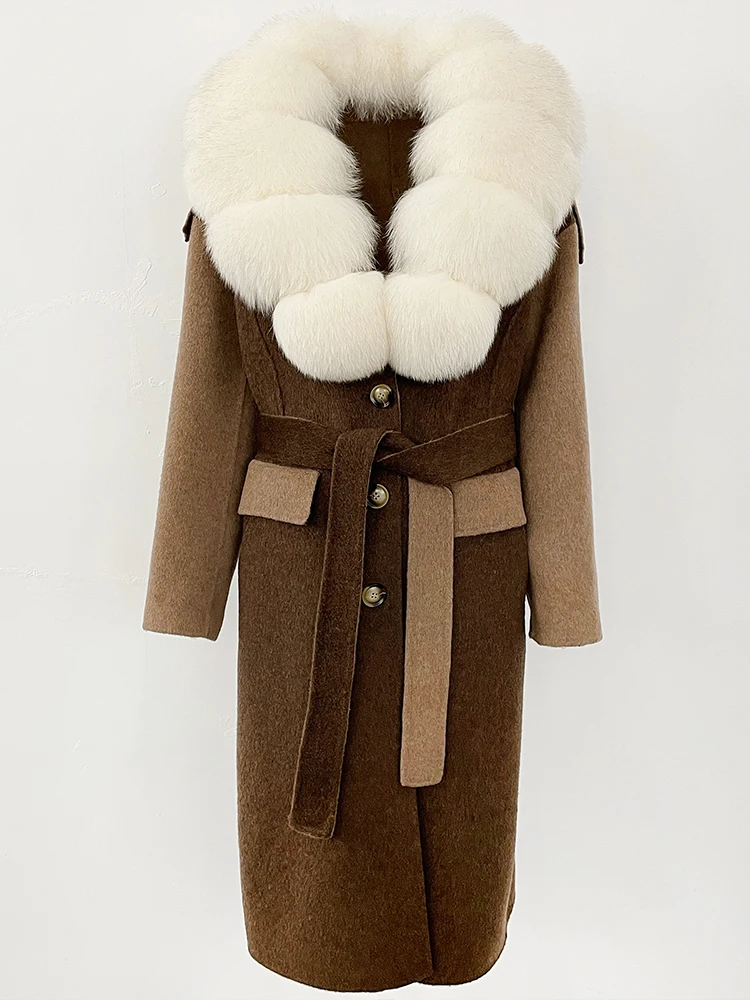 

New Fashion Women Real Fox Fur Collar Woolen Coat Fur Cuff Winter Clothes Female Warm Double-faced Cashmere Wool Jacket