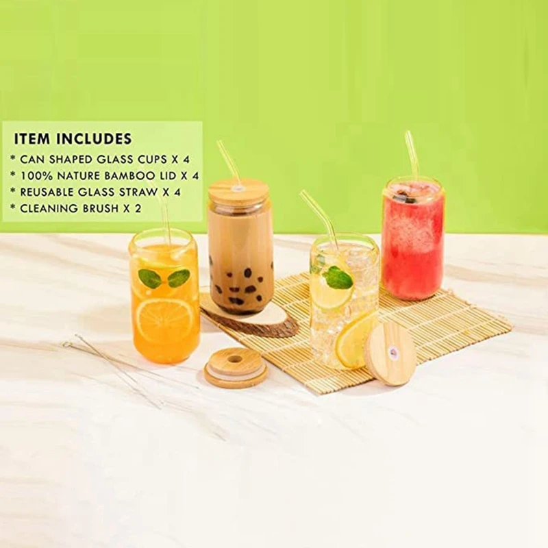 Glass Cups With Lids And Straws Glass Coffee Cups Cute Coffee Cups With Lids And Straw 16Oz Drinking Glasses 4Pcs Set