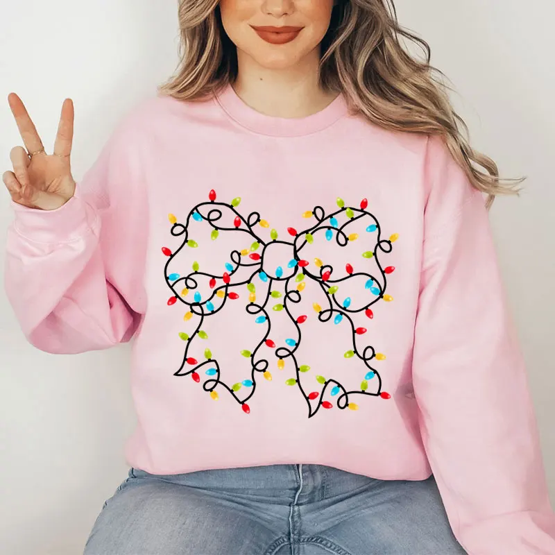 Christmas Lights Coquette Bow Print Womens Sweatshirts Long Sleeves Warm Pullover Clothes Pink Bow Oversized Hoodies Sweatshirts