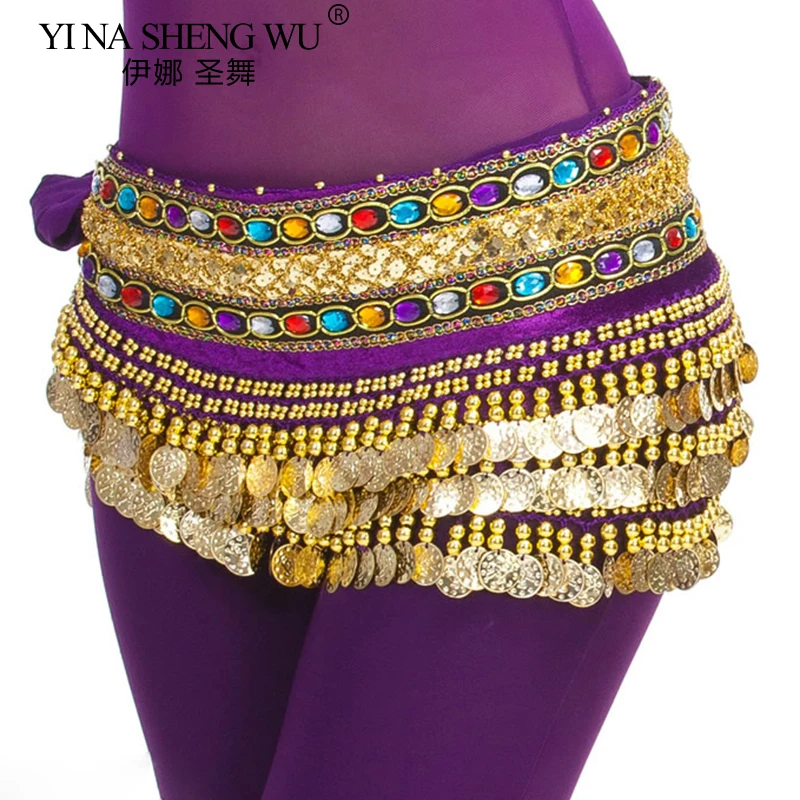Mulheres dança do ventre cintura corrente cinto 248 moedas duplo diamante veludo hip cachecol índia/dança do ventre prática desempenho acessórios
