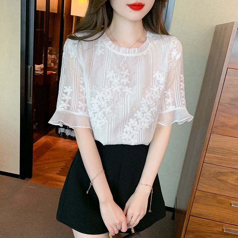 Flare Sleeve Blouse White Shirt Women Summer Sweet and Elegant Blouses Lace Chiffon Ladies Tops Clothing O-neck Shirts for Women