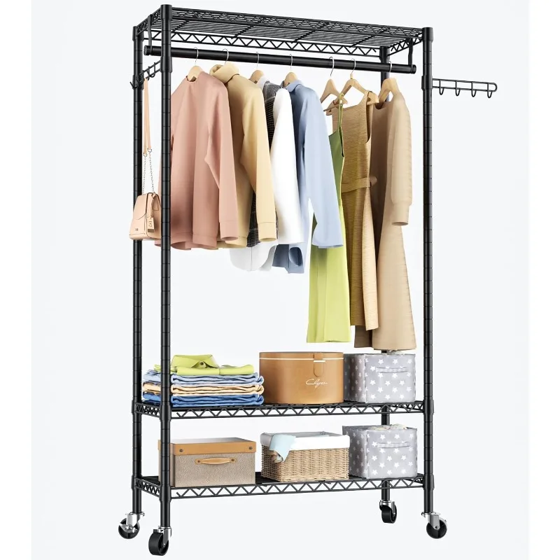 

Heavy Duty Clothes Rack Rolling Garment Rack,3 Tier Adjustable Wire Shelving Clothing Racks for Hanging Clothes with Hanger