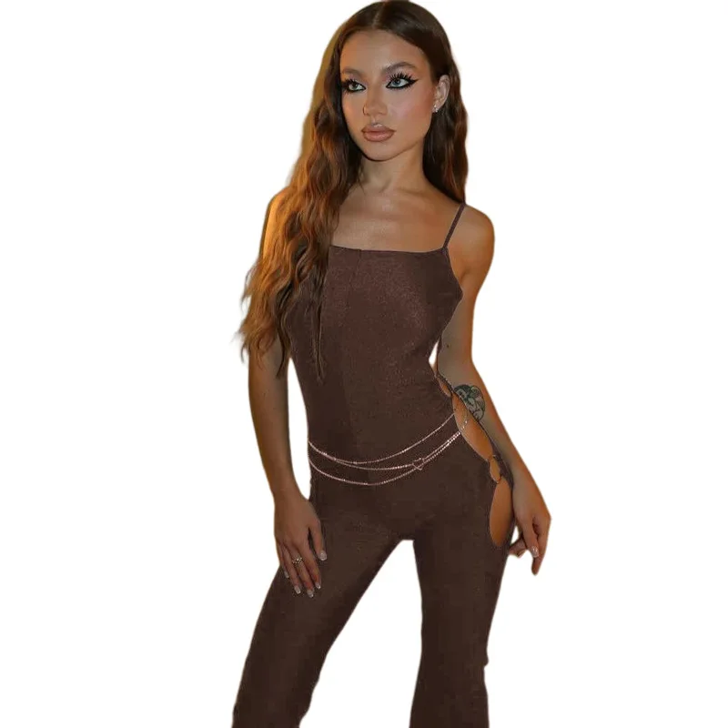2025 Jumpsuits European and American New Women's Sexy Slim Fit Hollow-out Solid Color Suspender Jumpsuit Pants