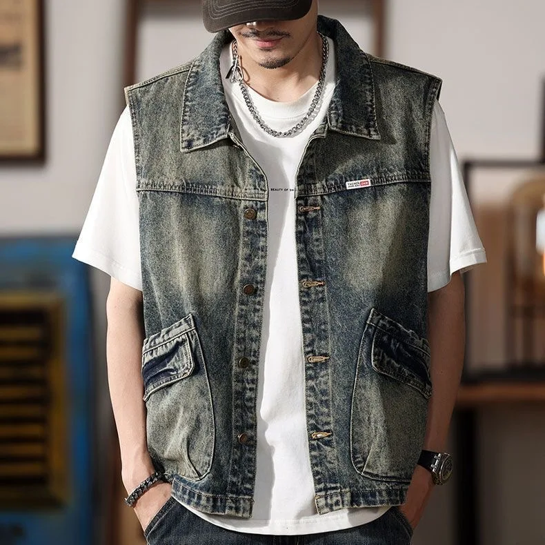 

Retro American Waed Denim Vest Men's Spring Autumn Loose Casual Cool Worn ort Sve oulder Pad Jaet
