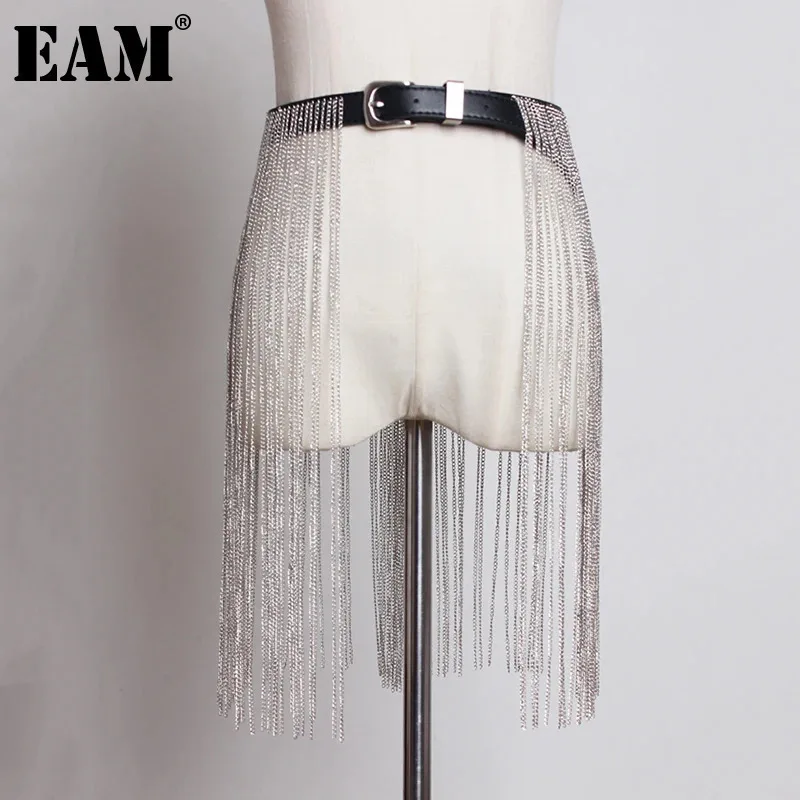 

[EAM] Pu Leather Black Rhinestones Tassels Long Belt Personality Women New Fashion Tide All-match Spring Autumn 2024 1DH6353