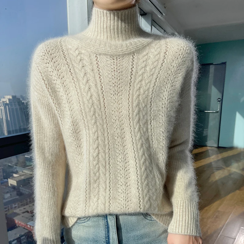 

Двойной утолщенный женский пуловер из 100% норкового кашемира с высоким воротником, свободный свитер с разрезом спереди, короткая сзади, длинная теплая вязаная базовая рубашка