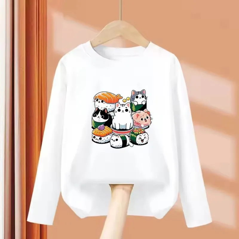 Langärmliges Lustiges Sushi-Katzen-Design Bedrucktes T-Shirt für Kinder Jungen Mädchen Sommer Frühling Niedliches Oberteil Tee-Shirt – Detail 3
