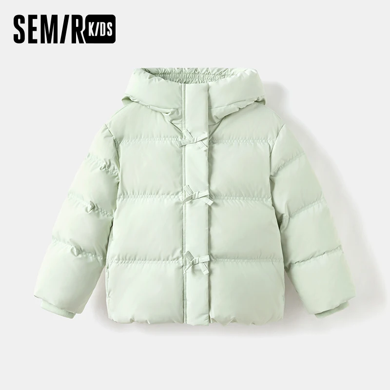 Semir Children's Down Jacket 2024 New Three-Proof Warm Hooded Coat with Sweet Bowknot Girls' Solid Color Winter