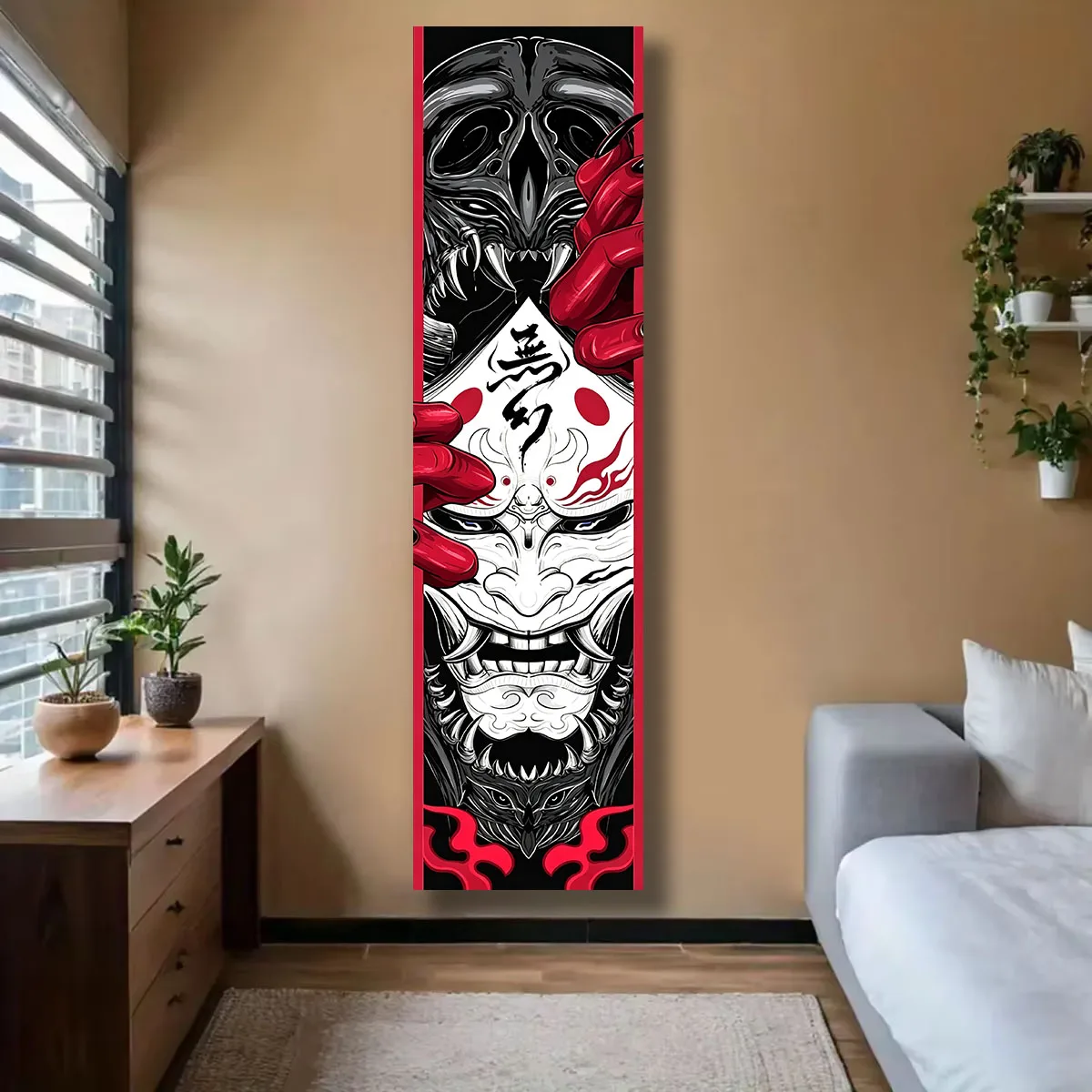 Japanese Oni Samurai Ghost Mask Long Tapestry Showa Period Wall Decoration for Otaku Bedroom House Door Curtain