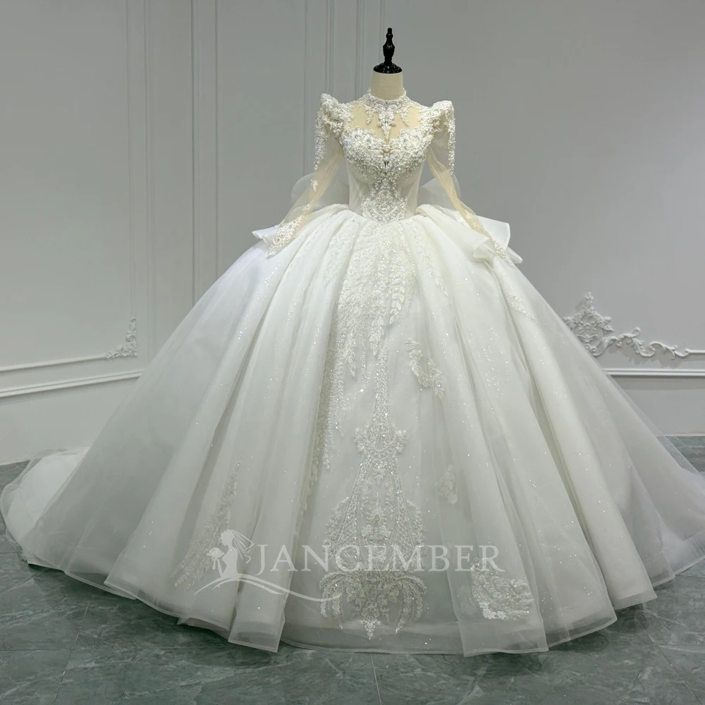 

Custom Made Luxury Ball Gown Wedding Dresses Delicate Beaded Customized Appliques Lace Neck Bridal Gowns vestidos de novia boda