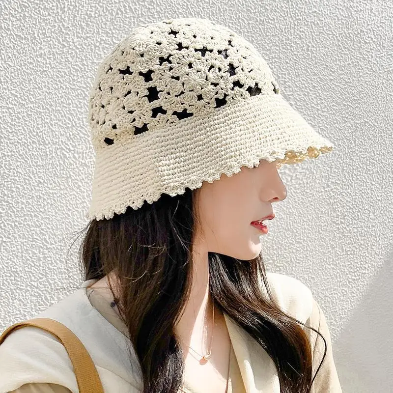 Summer Women\'s Bucket Hat Thin Fashion Western Style Hat Female 2021 Hot Hollow Crocheted Knitted Hat Look Small