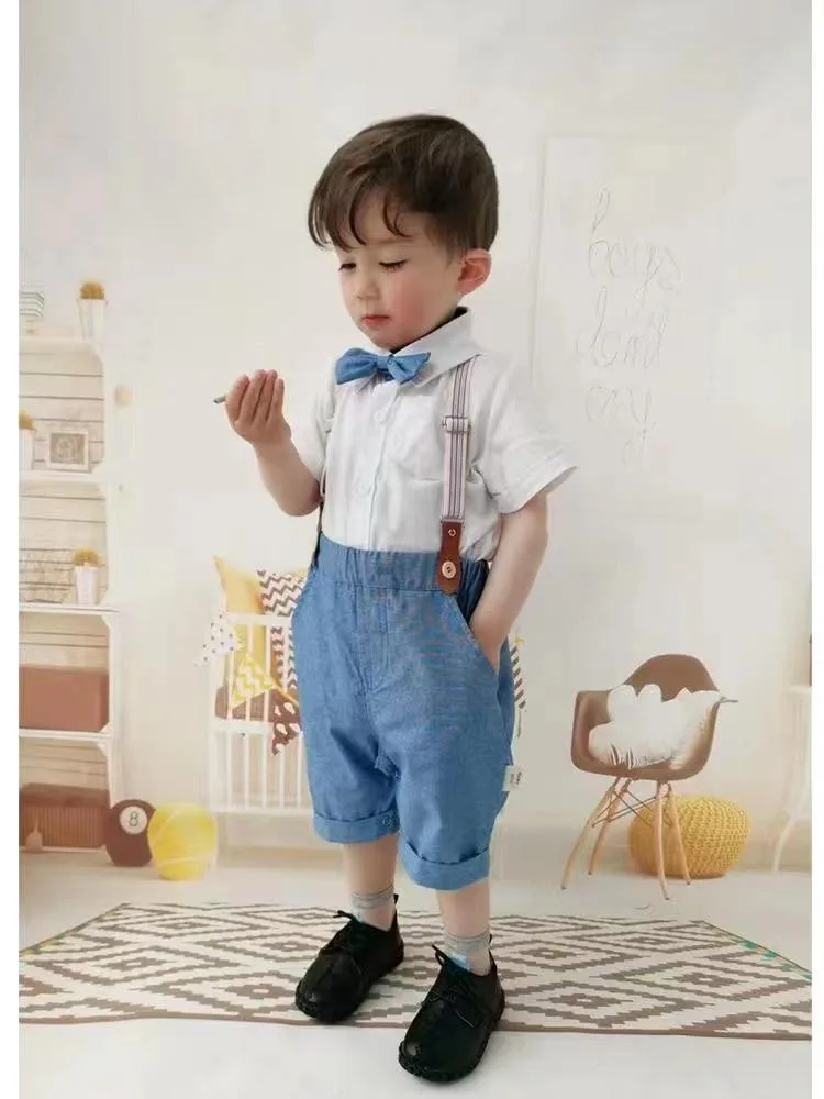 0-24M Christening Clothes for Baby Boy Outfit Church Cross Embroidery White Polo Baby Romper + Suspender Shorts Pants Suits