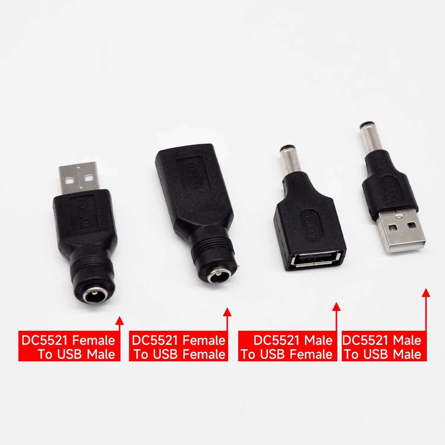 4PCS DC 5.5x2.1mm USB Power Conversion Adapters Universal 4-in-1 Set, Male & Female DC to USB Plug Connectors for Power Supply