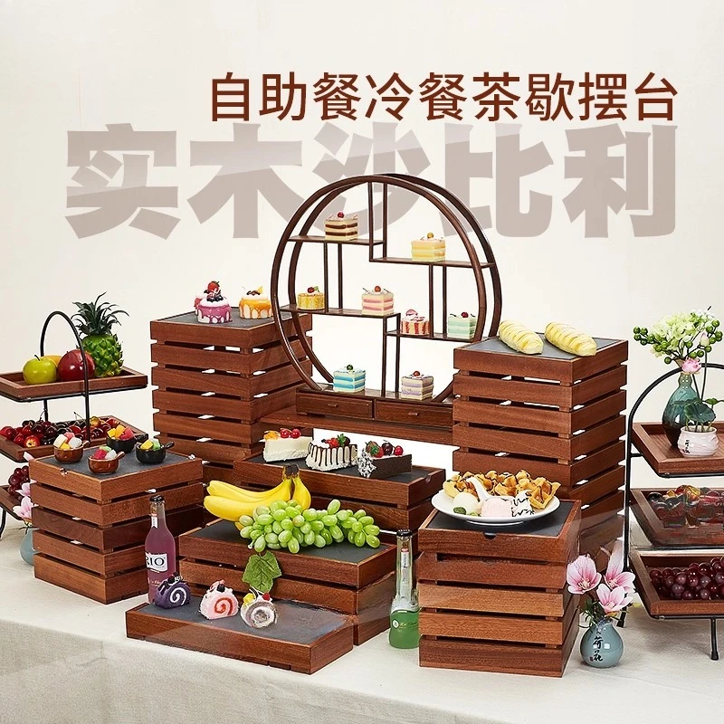 

Chinese Dim Sum Dessert Table Display Stand Cake Fruit Plate Buffet Cold Food Tea Break Table Set Wooden Wedding Party