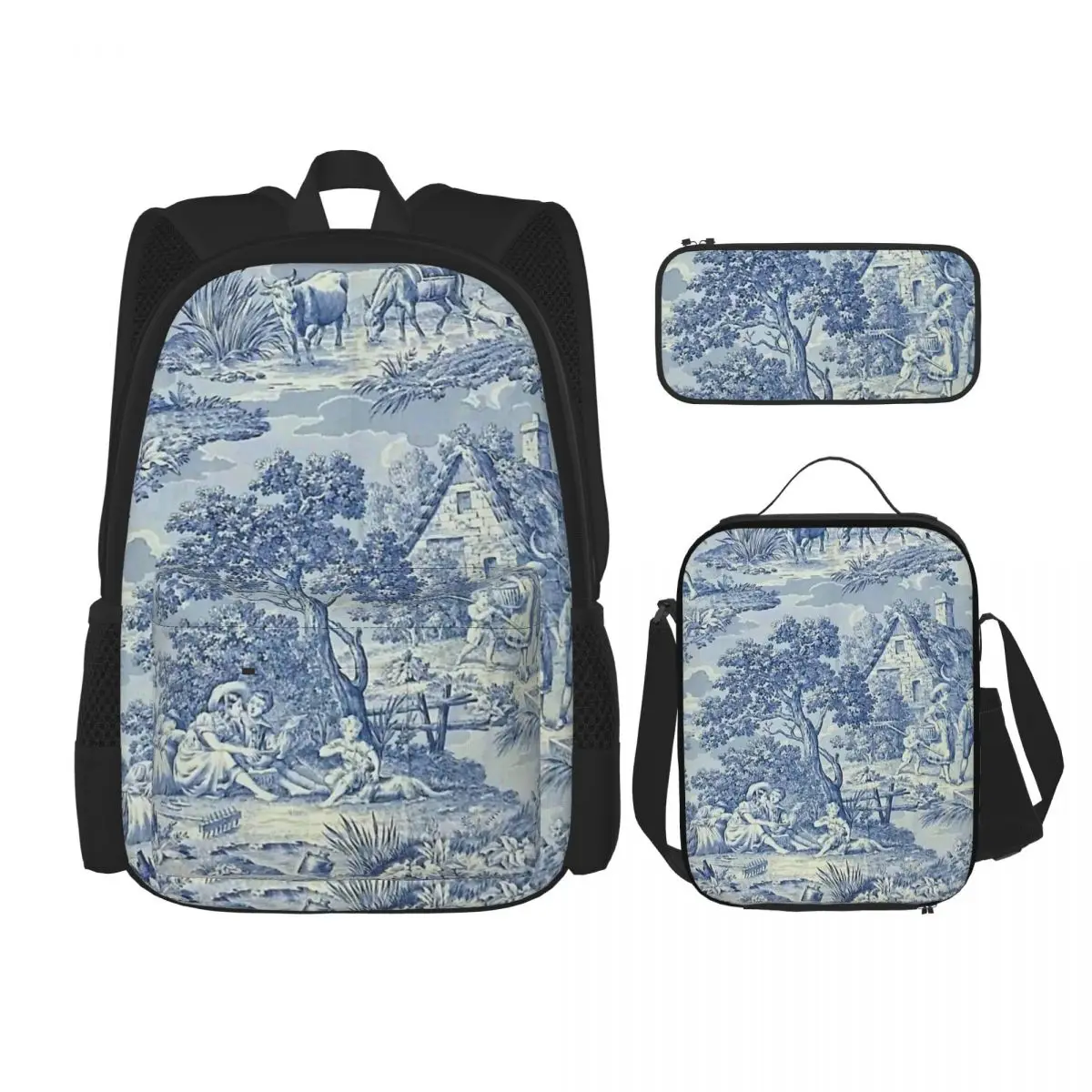 

Toile De Jouy Backpacks Kids Bookbag School Bags Rucksack Lunch Bag Pen Bag Three-Piece Set