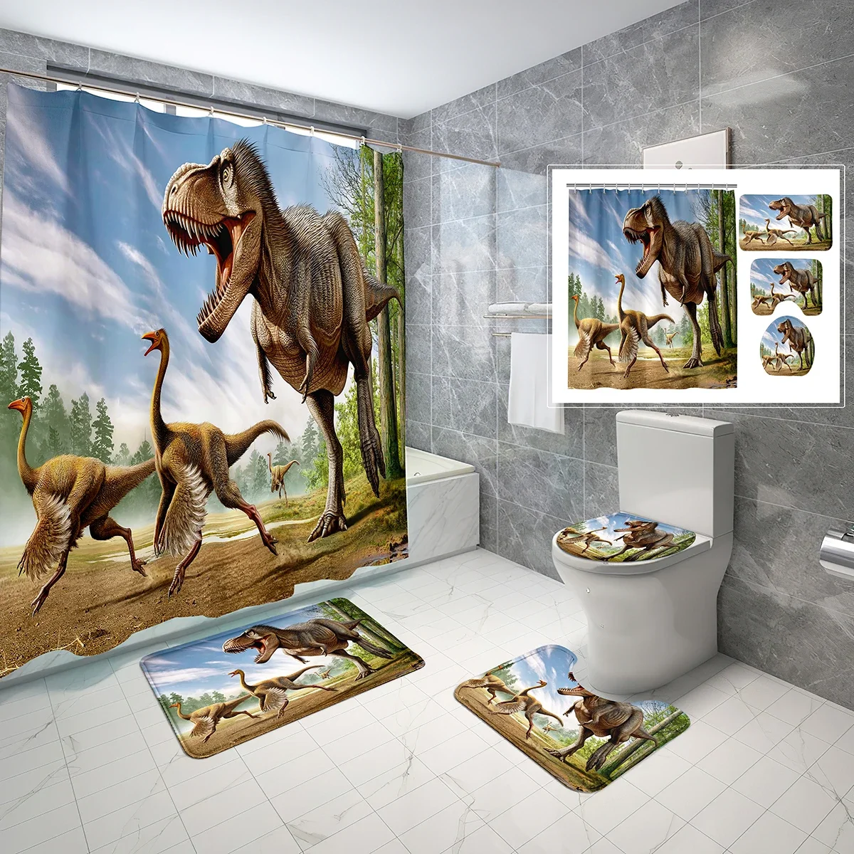 Dinosaur Shower Curtain Sets with Toilet Lid Cover and Bath Mat Jurassic Jungle World Theme 4 Pcs Bath Curtain Bathroom Sets