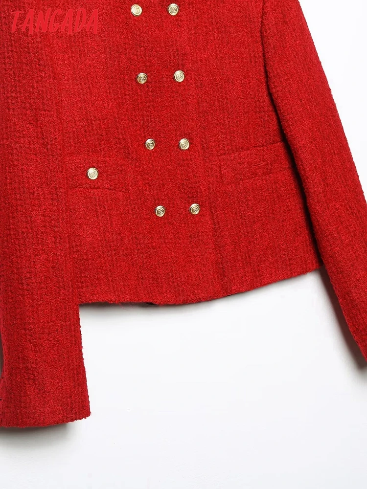 Tangada Spring Women Red Tweed Thick Suit Long Sleeve Pocket Female Crop Coat 6H454