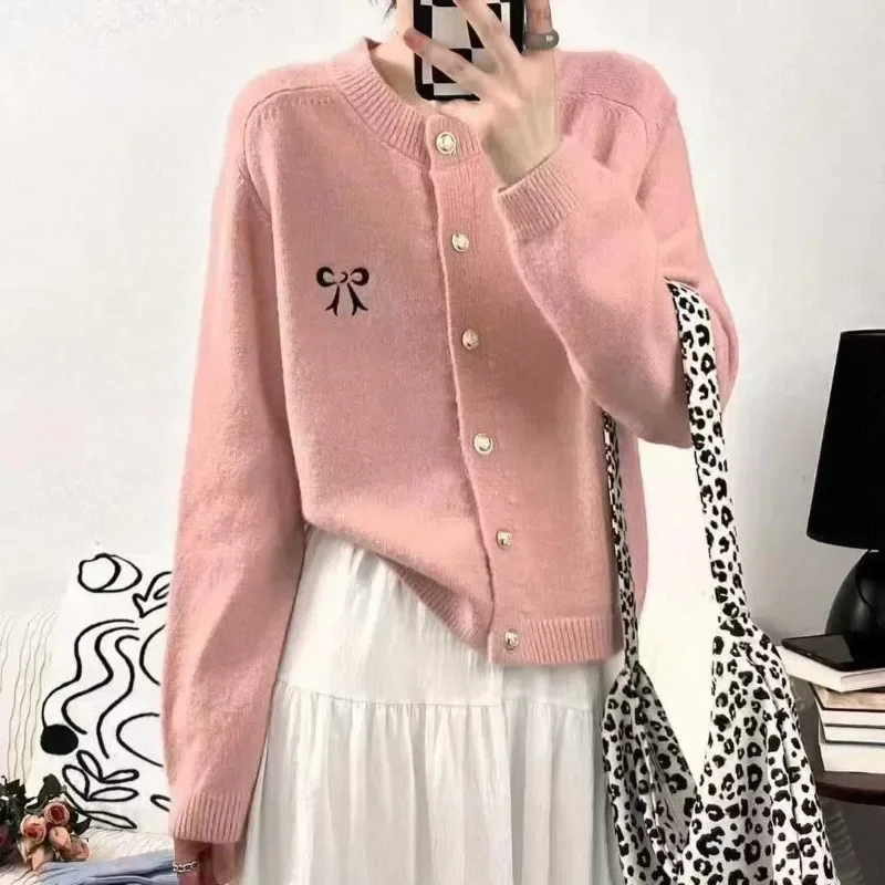

Bow Embroidery Knitted Cardigan Sweater Women O-neck Long Sleeve Casual Sweater Korean Fashion Office Lady Tops Autumn 2024 New