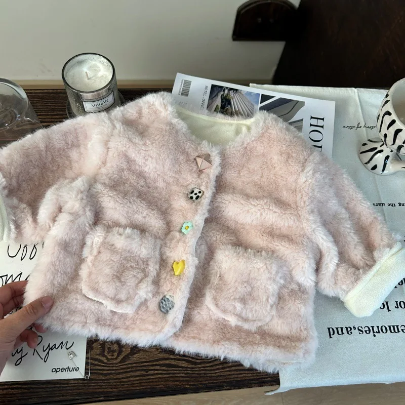 

Winter Toddler Girl Fur Jacket Colorful Button Fleece Infant Baby Girl Fluffy Coat Casual Kids Baby Girl Warm Outerwear Coat