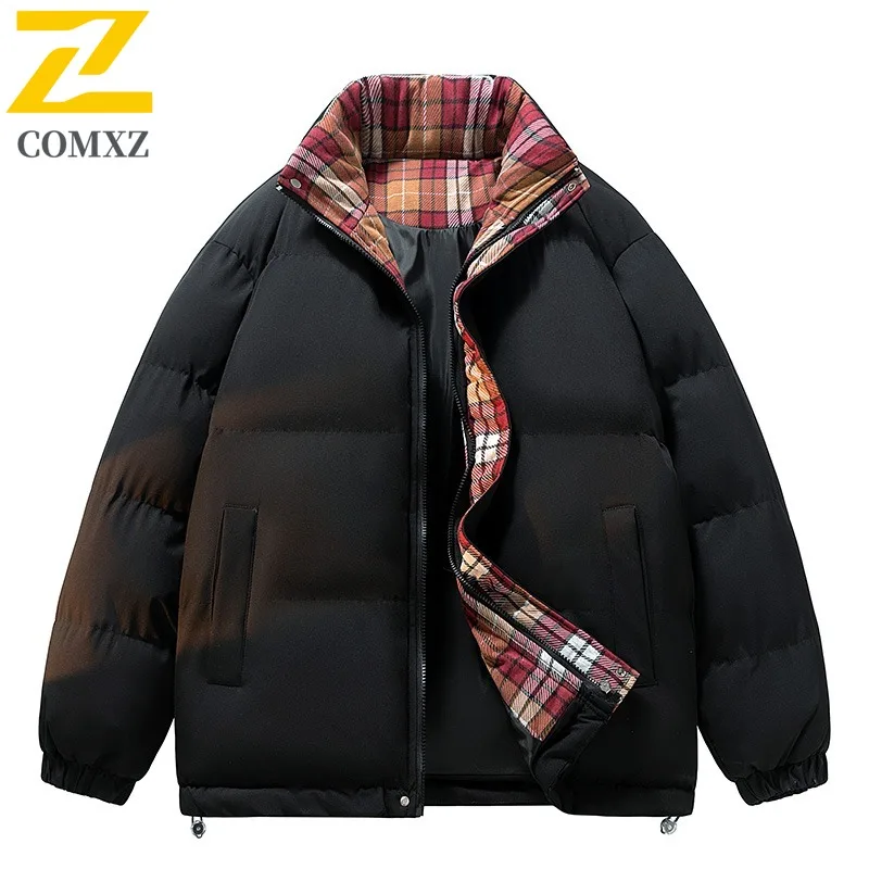 

COMXZ 2025, осенне-зимняя новая хлопковая куртка с воротником-стойкой, клетчатое лоскутное толстое уличное пальто для пар MYD018-5555, общественная версия