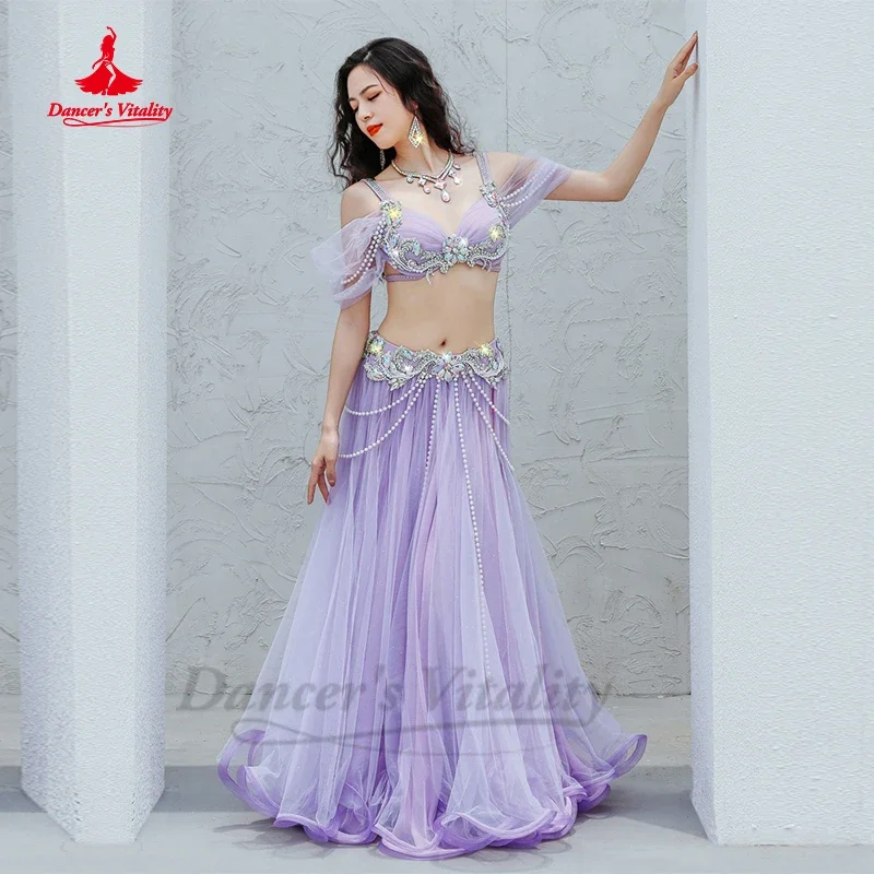 Belly Dance Performance Costume Senior AB Stones Bra Top+yarn Long Skirt 2pcs Customsized for Women Belly Dancing Popsong Suit