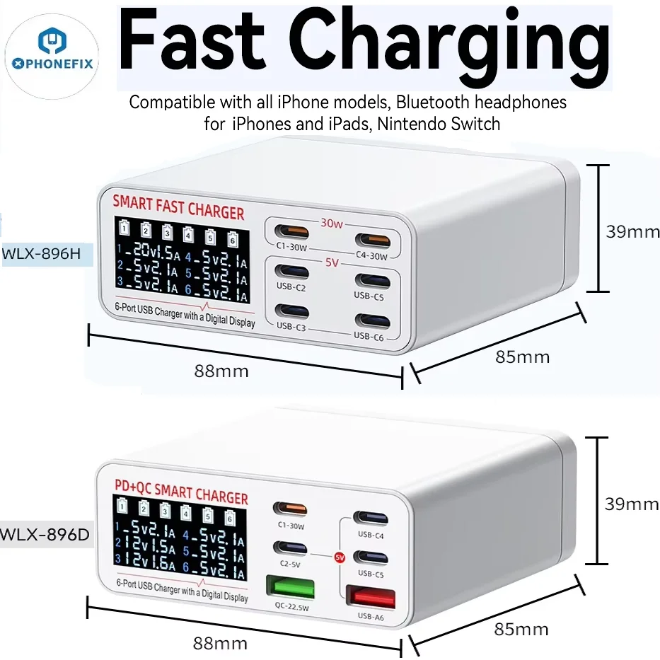 Portable Smart Multi-port Digital Display Charger WLX-896D WLX-896H USB Fast Charging Station For iPhone Phone Drone Charging