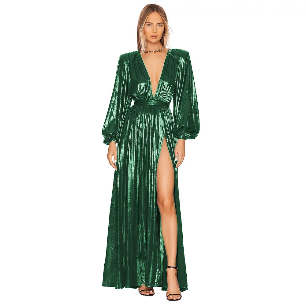 Women's Plunging Neckline Shiny Metallic Long Dress, High Split Gown, Long Sleeve, Floor Length, Sexy Club Party, Prom, Elegant