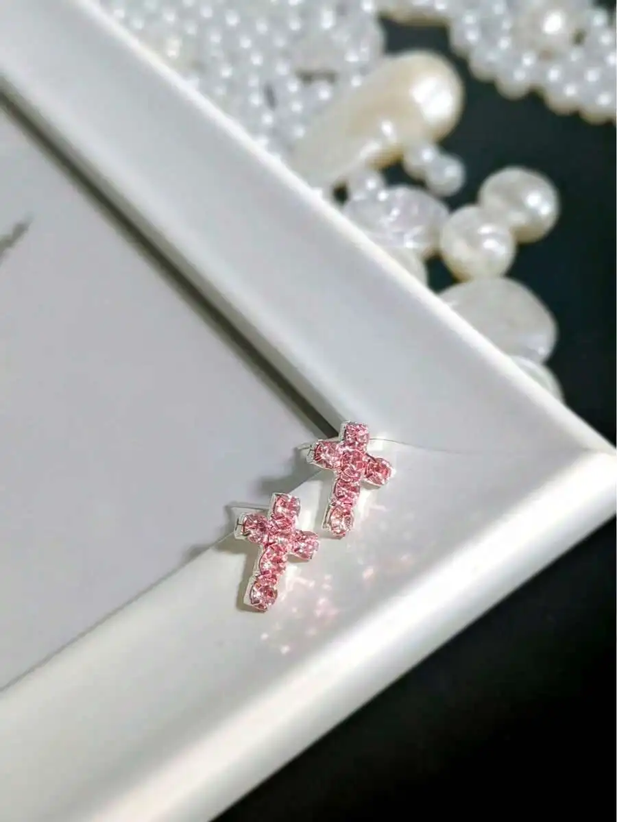 Minimalist Sparkling Pink Crystal Cross Stud Earrings For Daily Wear