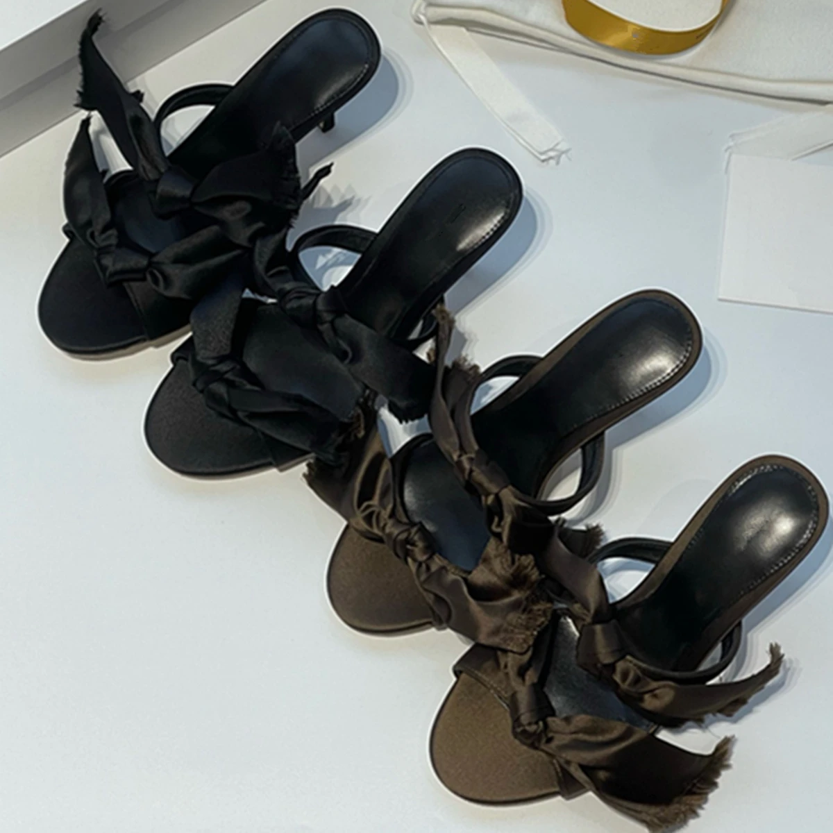 

Jenny&Dave French Retro Silk Bow Tie Stiletto Sandals Shoes Women Summer Mules Shoes Minimalist Elegant Party Sandals Women