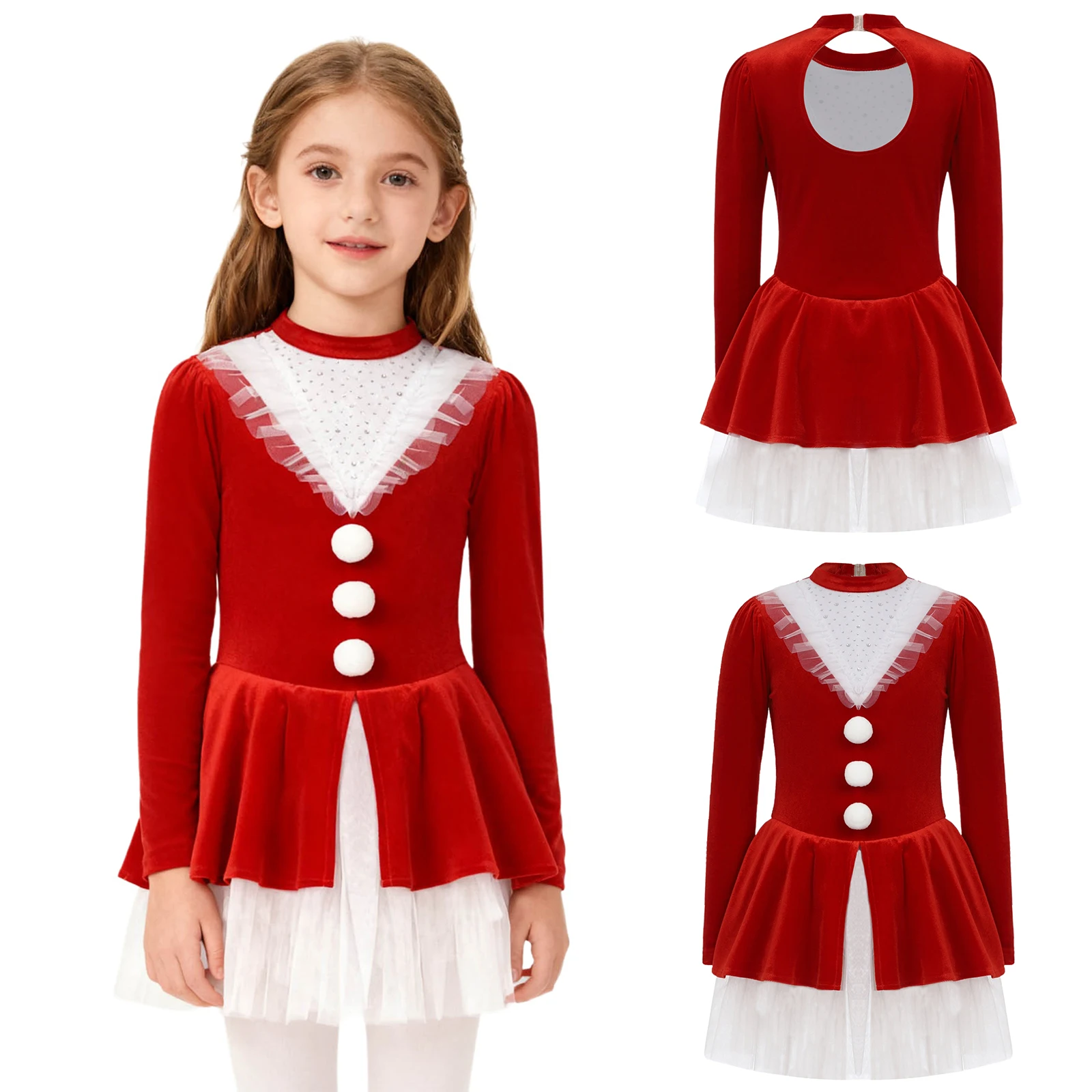 

Kids Girl Candy Cane Dress Sparkling Long Sleeve Back Cutout Christmas Costume Xmas Santa Claus Ice Skating Ballet Dance Dress