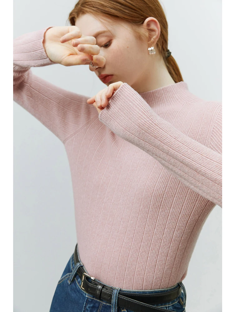 FSLE Versatile Slim Half High Neck Wool Bottom Sweater Women Autumn Winter Casual Style Inside Pits Solid Inner Pullover Female