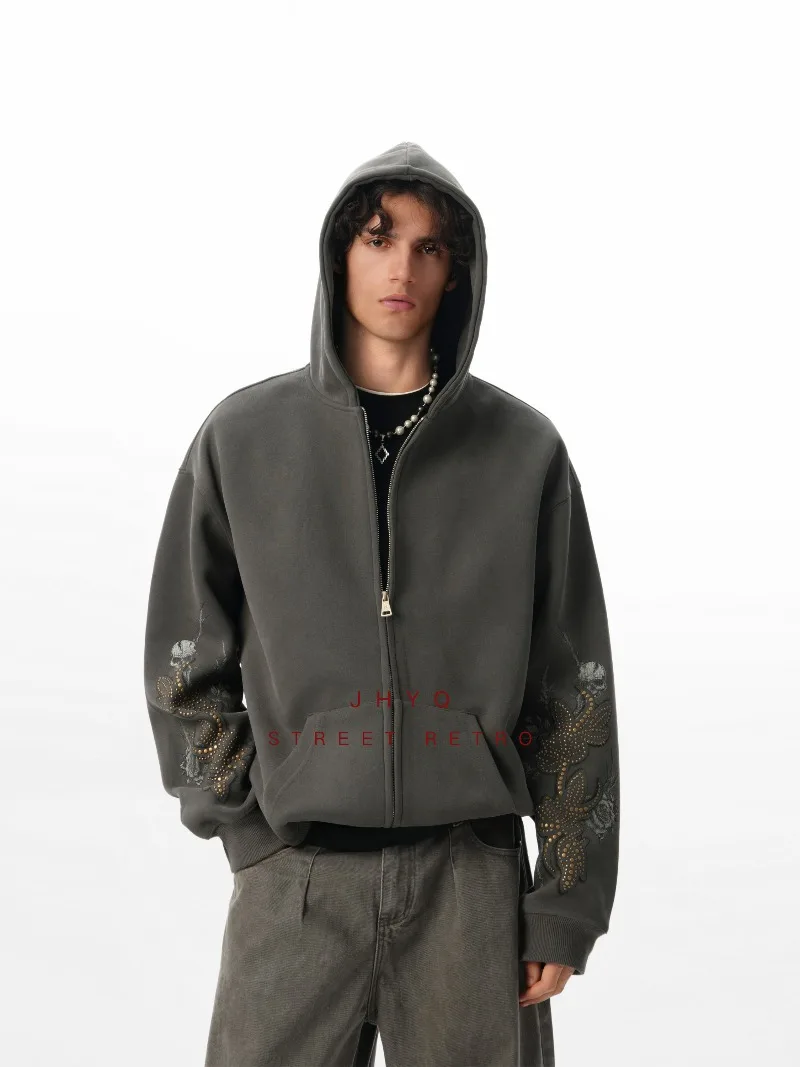 سويت شيرت بقلنسوة برشام عالي التحمل من American Retro Fashion Trend فضفاض كاجوال للخريف والشتاء سترة صوفية أنيقة للرجال