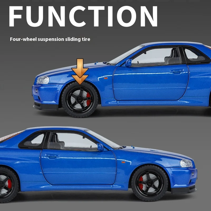 1:18GTR street car alloy model, simulated sound and light, front wheel steering, four-wheel shock absorption, desktop ornaments
