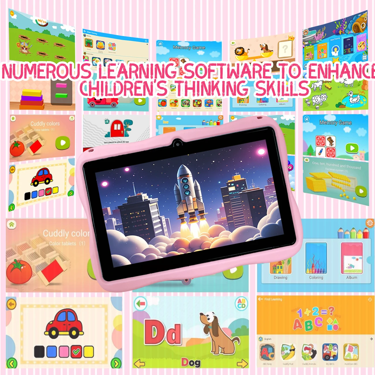 学習と娯楽のためのHDスクリーンタブレットコンピューター,オールインワンマシン,ラブドールがプリインストールされた教育システム,子供が学習に夢中になることを可能にする2色を選択します7インチの落下防止および衝突防止シリコン素材,子供向けのお気に入りのギフト,設定されていないプラグ
