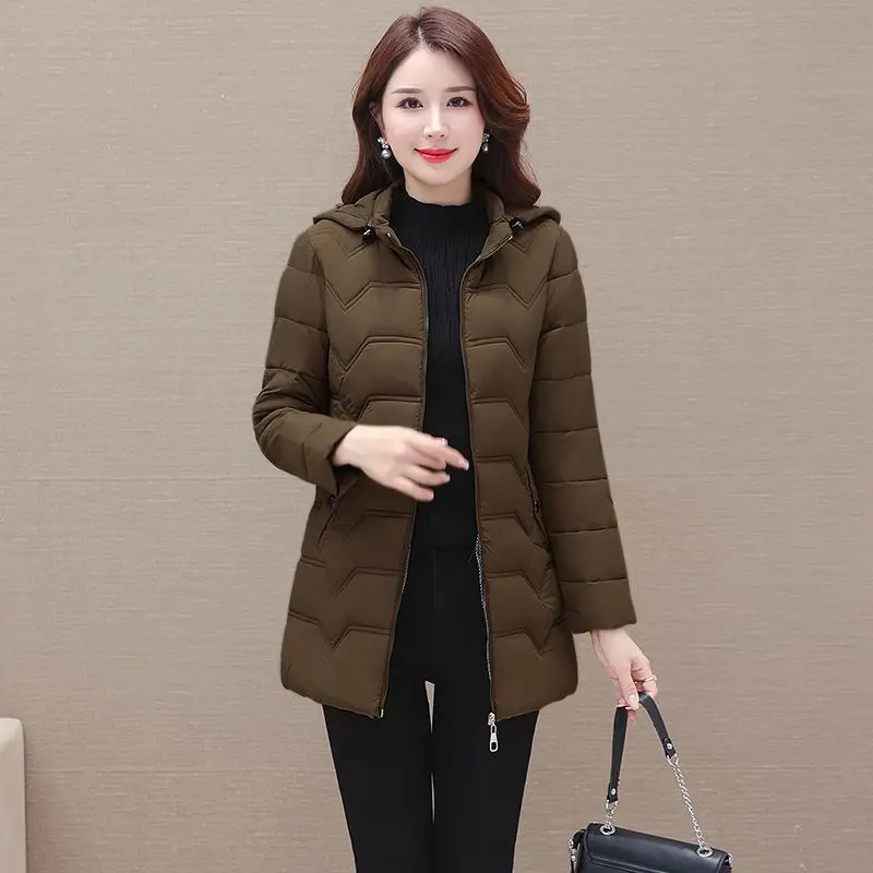 Winter Mid Length Hooded Jacket Women\'s Lightweight Slim Fit Down Cotton Coat Korean Fashion Mom Elegant and Generous Parkas