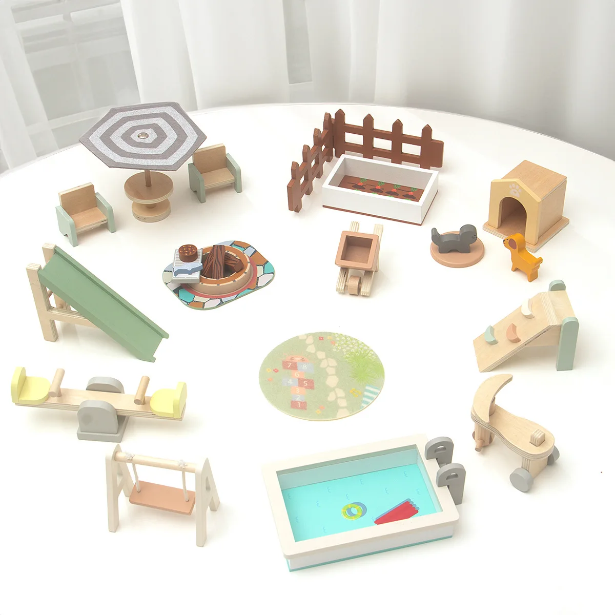 Juego de simulación para niños, juego de patio de juegos en miniatura, muebles de exterior para casa de muñecas, Mini juguete de escena de simulación