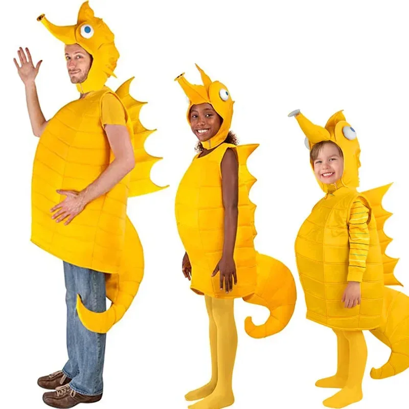 Yellow Hippocampus Costume Adult Pink Seahorse Cosstume Child Family Halloween Costume Toddler