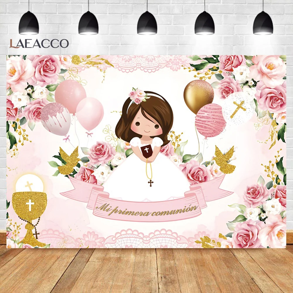 Laeacco My First Communion Baby Shower Birthday Boy Girl Baptism Photography Background Pink Flowers Princess Photocall Backdrop