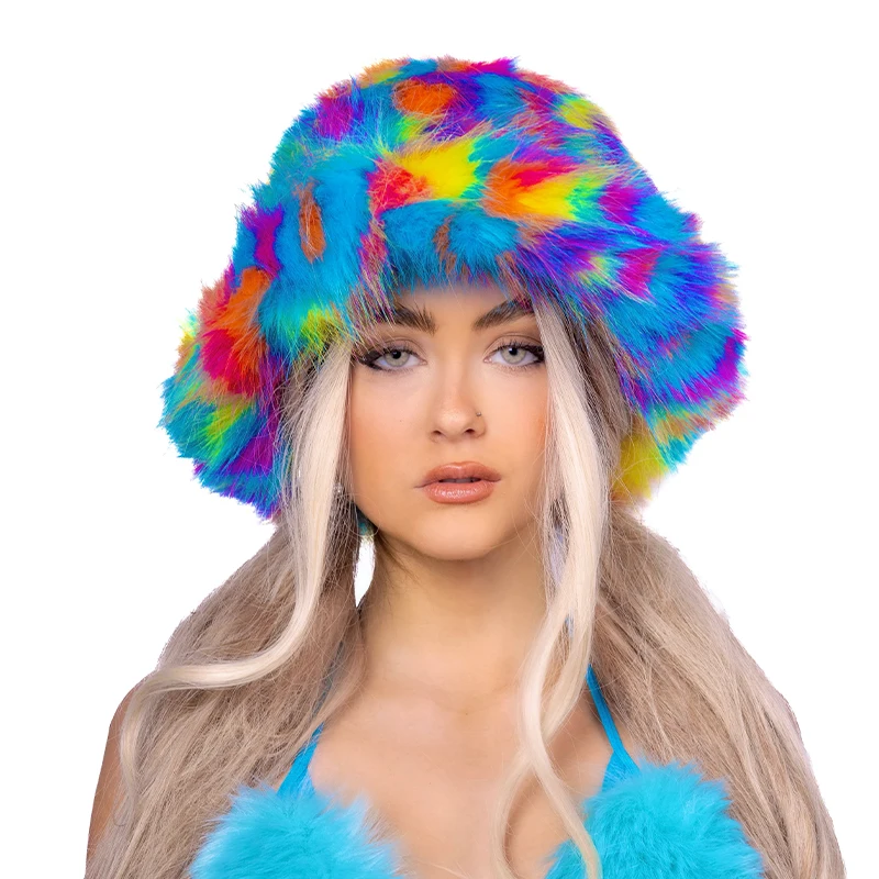 Y2K Girls Faux Fur Fluffy Heart Shape Shoulder Bag Female Winter Warm Sherpa Fur Bucket Hats Rainbow Fuzzy Hat For Adult