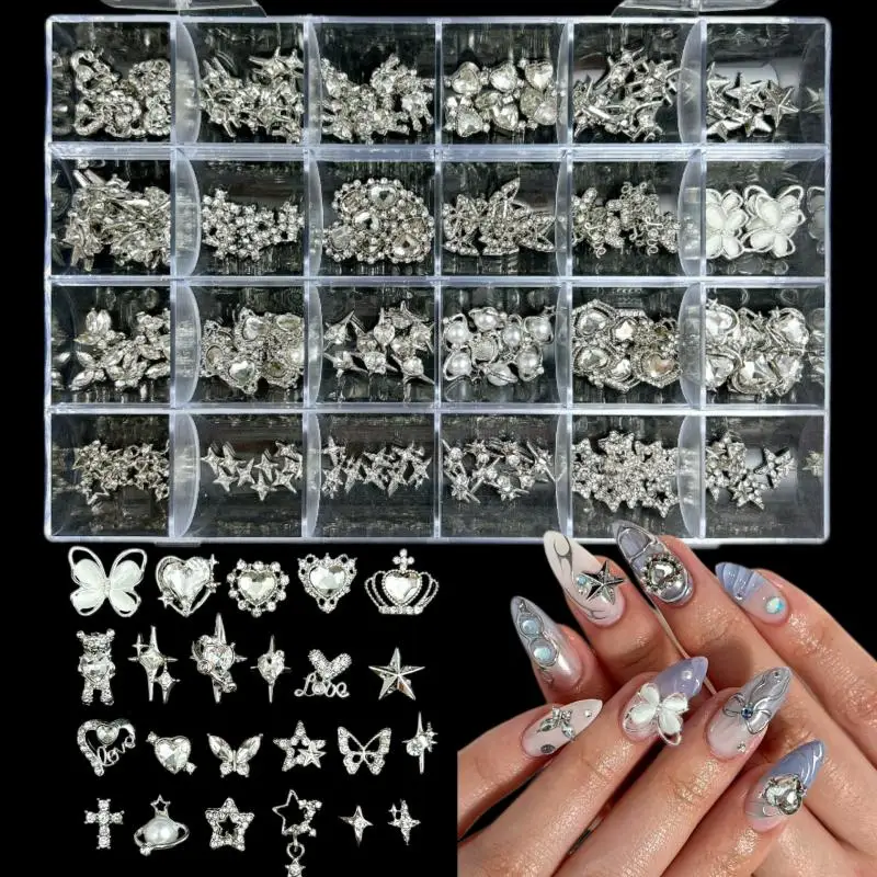 1Box Exquisite Alloy Crown Butterfly Cross Nail Charms Hollowed Stars Heart Transparent Rhinestones Inlaid Nail Decorations DIY