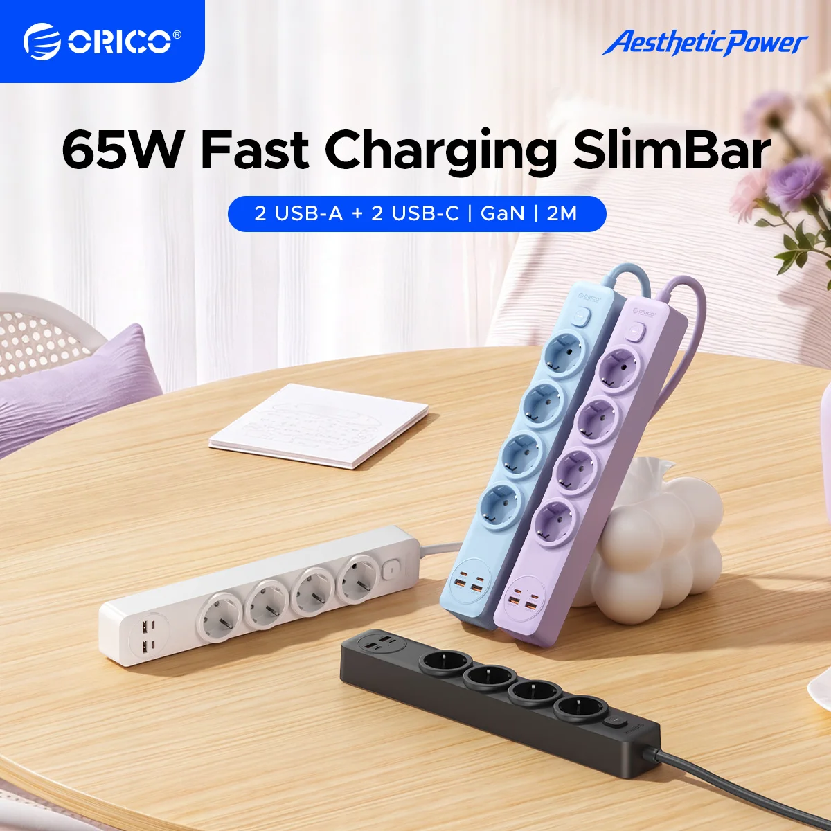 orico-serie-slimbar-multiprise-de-bureau-65w-avec-plusieurs-ports-gan-type-c-usb-a-charge-rapide-pd-4-prises-de-courant-cable-d'extension-de-2-m