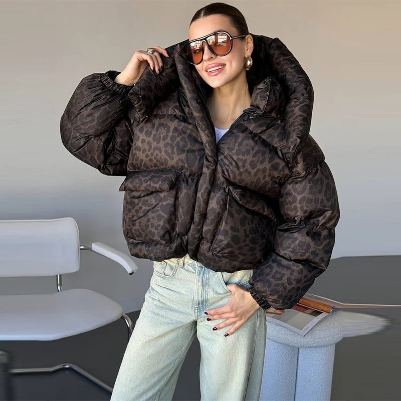 Women's Leopard Print Hooded Cotton Padded Jackets Stand Collar Zipper Short Puffy Coats 2026 Winter Lady Street Warm Outerwear