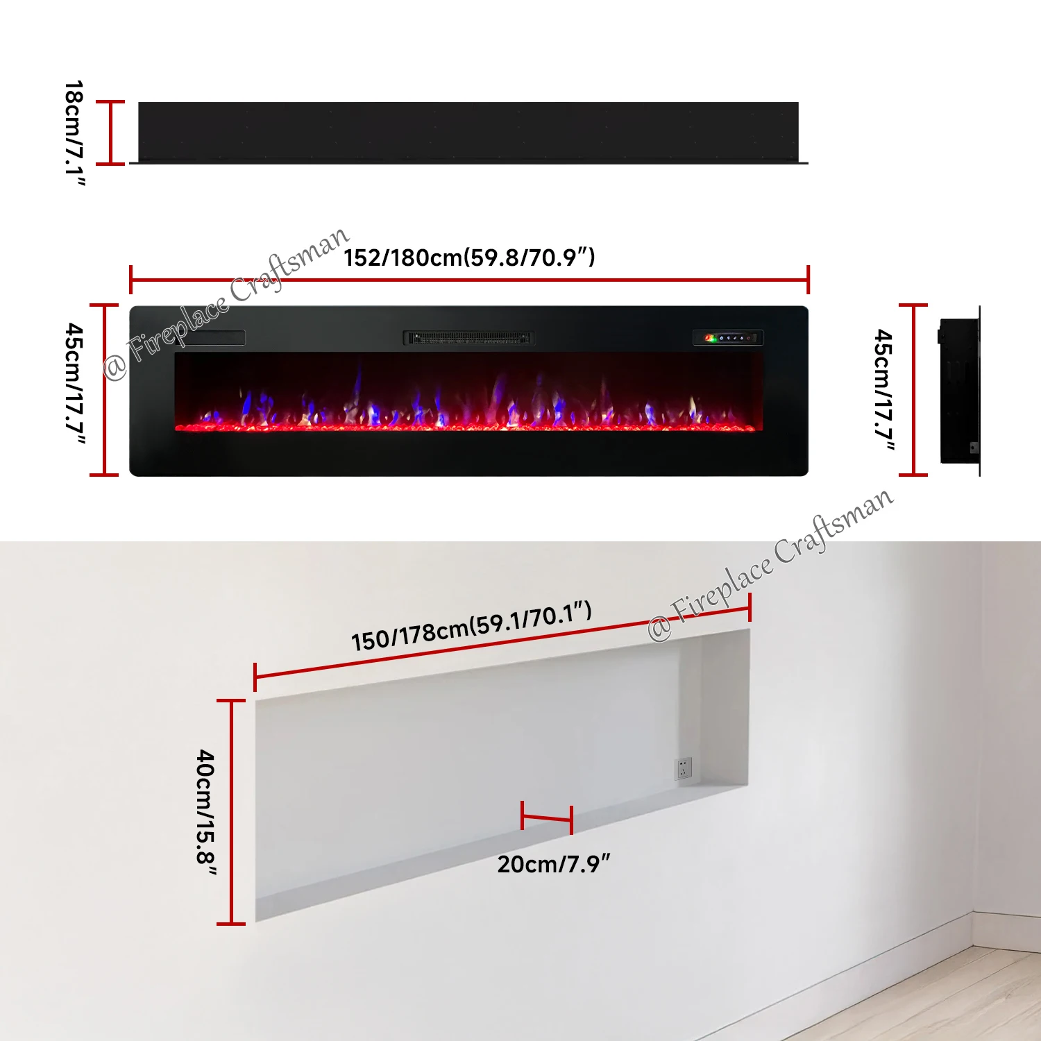 59 70'' Indoor Decoration Electric Fireplace Heaters Insert Remote Control Adjustable Flame Brightness Wall Mounted Fire Place