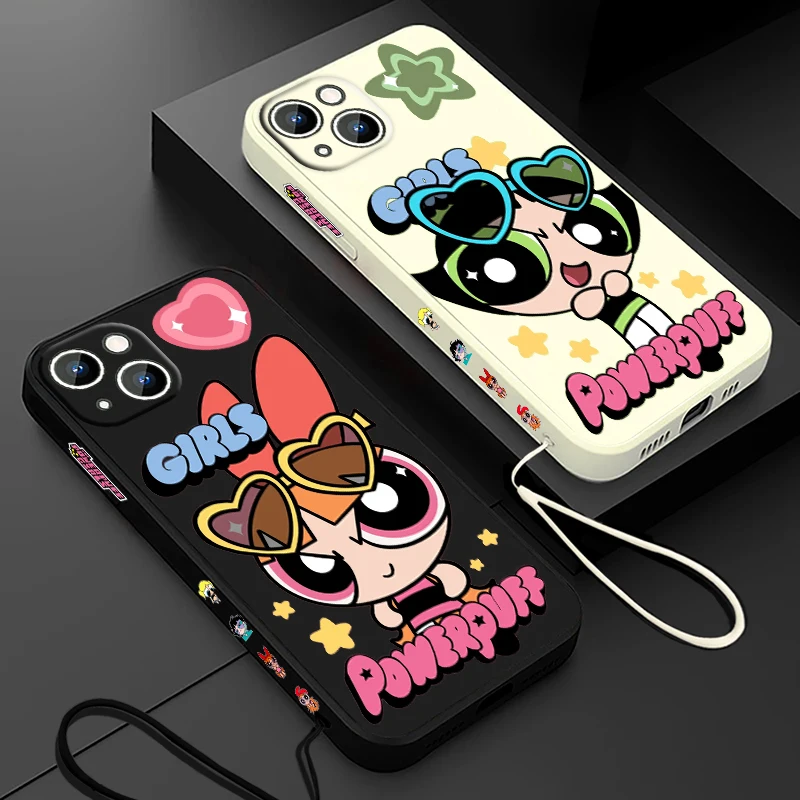 Cute Funny P-Powerpuff Girls Phone Case For Apple iPhone 15 14 13 12 11 Pro Max Plus 8 7 SE Liquid Left Rope Capa Cover