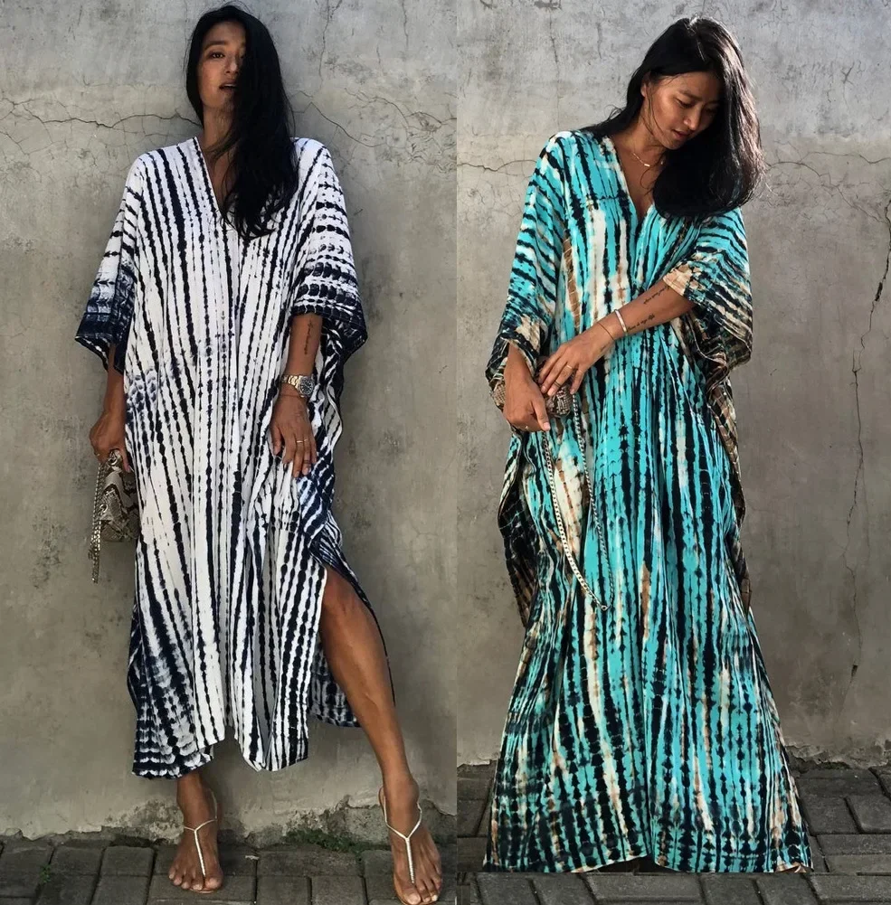 

Caofeimao 2025 Bohemian Printed V-neck Batwing Sleeve Side Split Loose Dress for Women Clothes Plus Size Beachwear Maxi Dresses