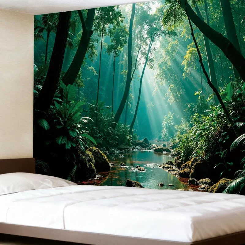 VIKAMA Forest Green Natural Pattern Tapestry Wall Decoration, Misty Forest Sunlight Mural Tapestry Bedroom Aesthetics