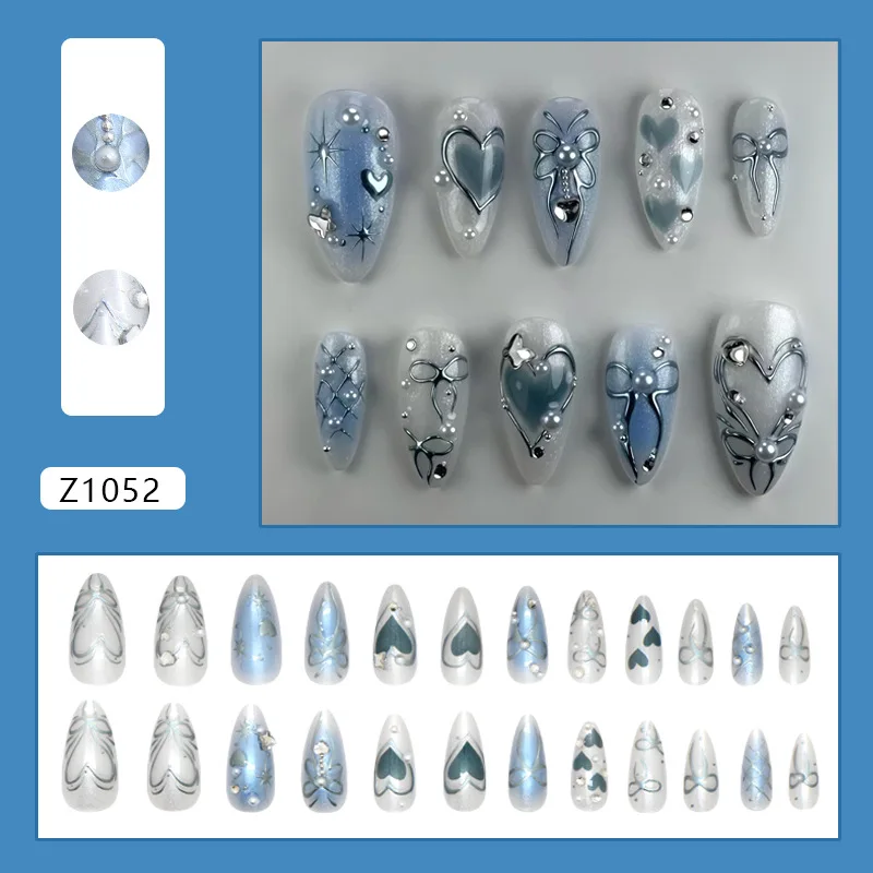 24 peças de unhas prensadas azul sonhador gelado com glitter de pérola 3D diamantes brilhantes e pérolas estreladas presente perfeito para meninas
