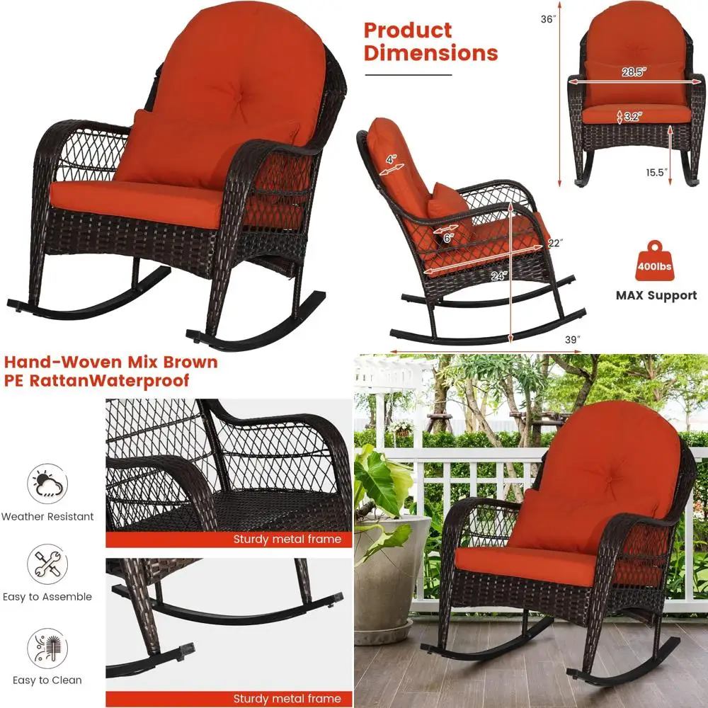 

Outdoor Wicker Rocking Chair with Lumbar Pillow, Padded Seat and Back Cushions, Metal Frame, Brown