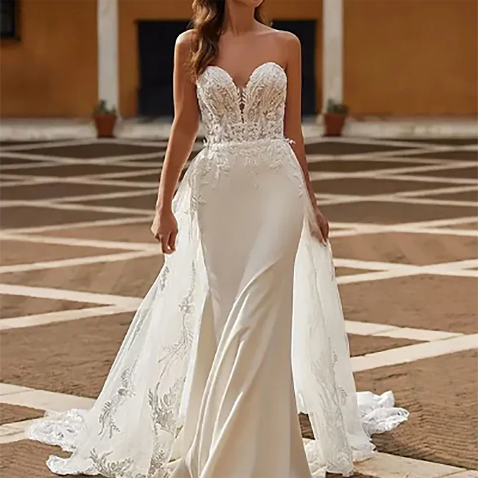 Aangepaste Applicaties Sweetheart Strapless Zeemeermin Trouwjurken 2025, Knoppen Met Hofsleep Tule Bruidsjurken Voor Vrouwen