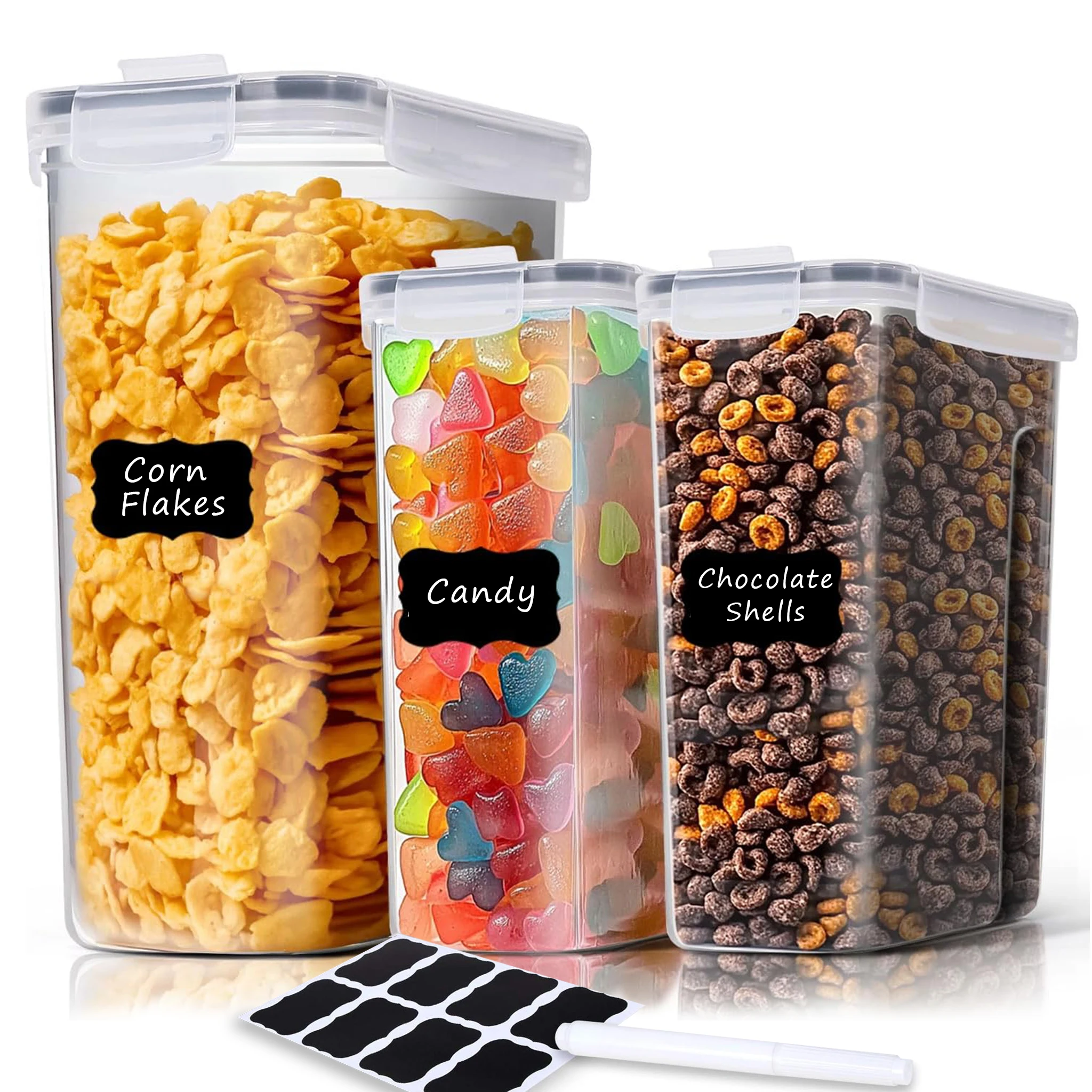 Juego de 3 Recipientes para Cereales (5L, 2.5L*2) - Recipientes Herméticos para Almacenamiento de Alimentos con Tapas Abatibles, Dispensador de Cereales de Plástico